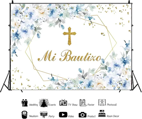 Vista 3 de Mi Bautizo - Telón de fondo de fotografía de flor de peonía azul, angel, primera comunión, bautismo, decoración de fiesta, bautizo, baby shower