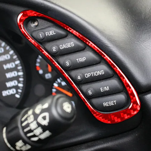 Vista 4 de 2 unids/set rojo interior del coche para Corvette C5 Accesorios tablero multifunción botón marco fibra de carbono cubierta Trim para Chevrolet