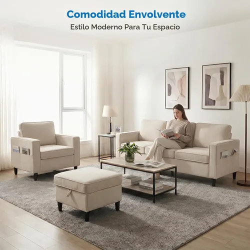 Vista 4 de Mjkone Juego de sofá y silla de 3 piezas con otomana, sofás seccionales de lino de 78 pulgadas de ancho para sala de estar, muebles con bolsillos