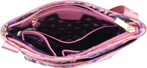 Vista 3 de Anuschka Bandolera cruzada con bolsillo deslizante, colección Wanderlust, tela de nailon con ribete de cuero genuino e impresión de obras de arte