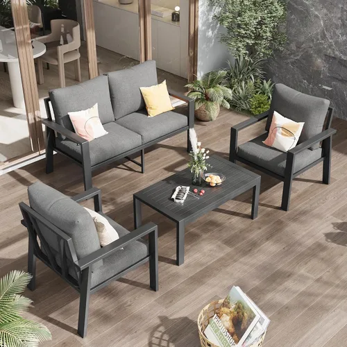 Vista 5 de Juego de muebles de aluminio para exteriores para todo tipo de clima, sofá seccional con mesa auxiliar y cojines con fundas extraíbles para terraza