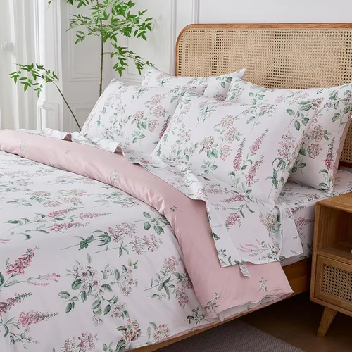 Vista 2 de Helthep Funda de edredón floral tamaño Twin, 100% algodón, con estampado de flores rosas, funda de edredón vintage botánica con hojas verdes, funda