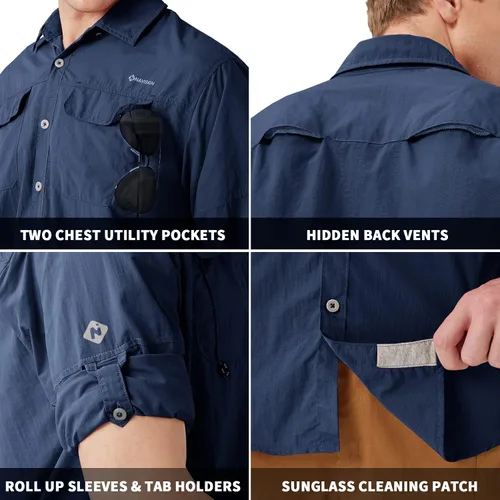 Vista 14 de NAVISKIN Camisas de pesca con protección solar UPF 50+ de manga larga para hombre, PFG para senderismo, viajes, campamento