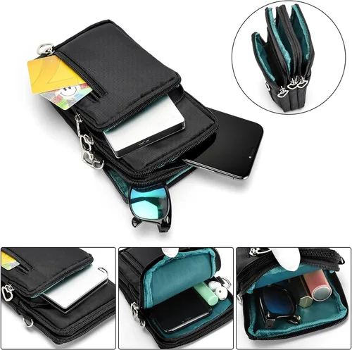 Vista 6 de Bolso cruzado de nailon para mujer para viaje, bolso de hombro para teléfono celular con pulsera, brazalete deportivo, cartera para teléfono Negro