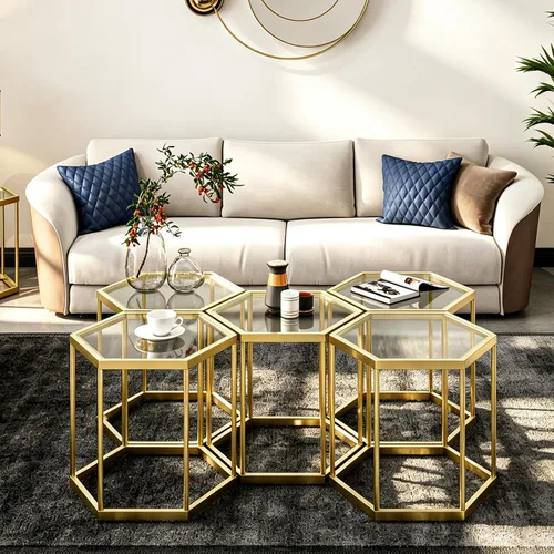 Vista 9 de Mesa auxiliar modular hexagonal, marco chapado en oro, parte superior de vidrio templado, mesa auxiliar geométrica, mesa anidable multiusos