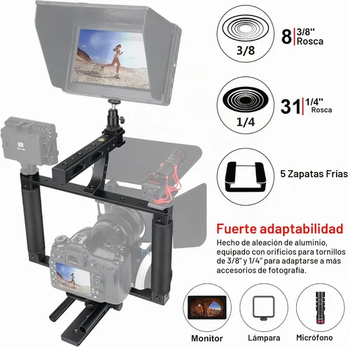 Vista 3 de Jaula de extensión de estabilizador de cámara DSLR de aleación de aluminio universal para soporte de micrófono, monitor, luz, kit de video