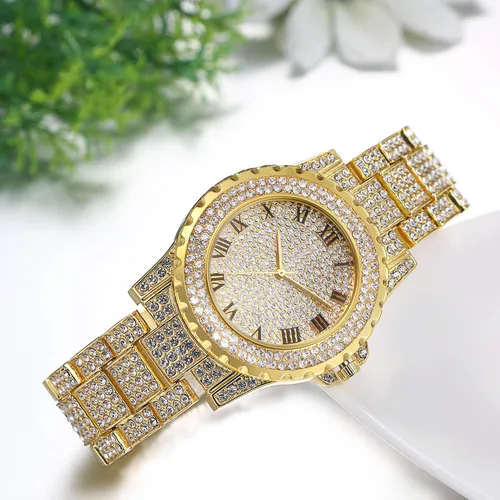 Vista 7 de JewelryWe Men Watches Gold Tone Alloy Quartz Watch Stylish Rhinestone Business Casual Dress Wristwatches for Christmas