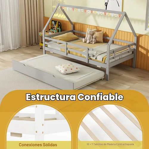 Vista 6 de KOMFOTT Cama de casa de tamaño individual con nido, marco de cama de madera con rieles de seguridad y techo, marco de cama de plataforma de casa Gris