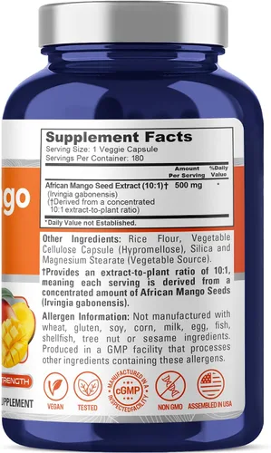 Vista 2 de NusaPure Mango africano, 500 mg, 180 cápsulas vegetales (sin OMG, vegano)