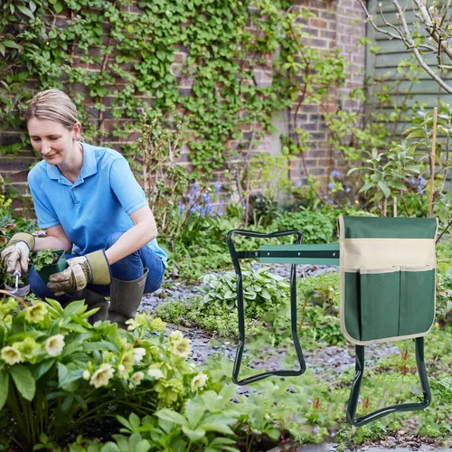 Vista 2 de Roixeeds Taburete plegable de jardín con bolsa de herramientas, almohadilla de espuma EVA, herramientas prácticas de jardín para arrodillarse