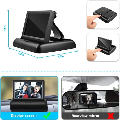 Vista 5 de Espejo de coche para bebé con pantalla de función de visión nocturna HD de 4.3 pulgadas, cámara de seguridad para asiento de automóvil con amplia