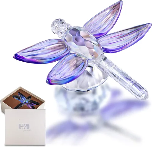 Vista 7 de H&D HYALINE & DORA Figura de animales de cristal de cristal, libélula de pie azul, caja de regalo