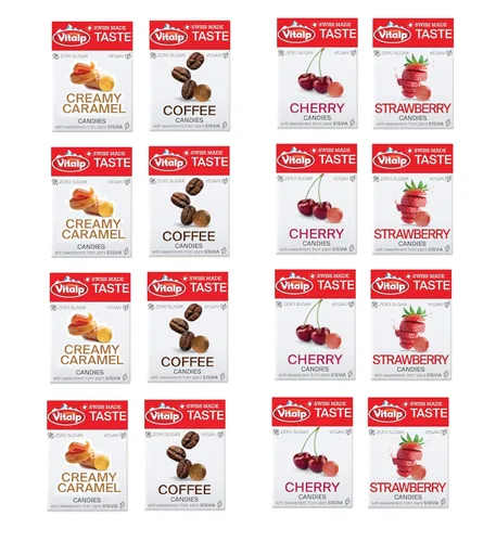 Vista 18 de Vitalp Sabor, Hecho en Suiza, Caramelo Sin Azúcar con Stevia, Vegano, Sabor a Cereza, Paquetes de 25g/0.88 Onzas, 16 Cajas