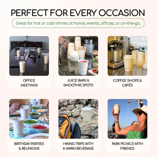 Vista 9 de Living Balance Certified Compostable Coffee Cups 12 oz 50 Pack with Lids