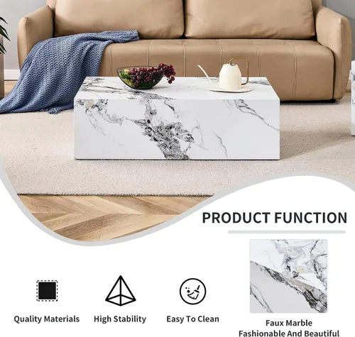 Vista 3 de Mesa de centro blanca de 39.3 pulgadas, moderna mesa central de mármol sintético de lujo, cubo rectangular minimalista, mesa de cóctel MDF, mesa