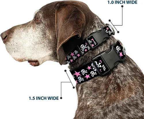 Vista 2 de Buckle-Down Collar de clip de plástico con diseño de Skulls & Stars de 9 a 15 pulgadas, color negro/blanco/rosa, pequeño