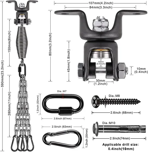Vista 6 de BeneLabel Heavy Bag Ceiling Mount with Spring & Chains 360° Rotation Punching Bag Ceiling Hanger with Bearings Boxing Bags Holder Hardware with 2