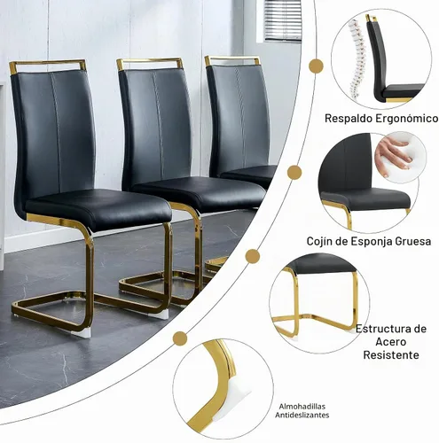 Vista 5 de Conjunto de mesa de comedor blanco Ebullient para 4, mesa rectangular de MDF y sillas de comedor de cuero sintético negro, juego de mesa de comedor