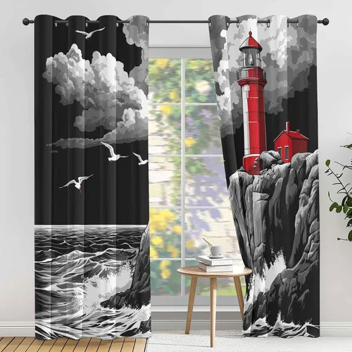Vista 3 de Cortinas de faro costero de 54 pulgadas de largo, 2 paneles, cortinas opacas con ondas de vela para decoración de dormitorio, sala de estar, Negro