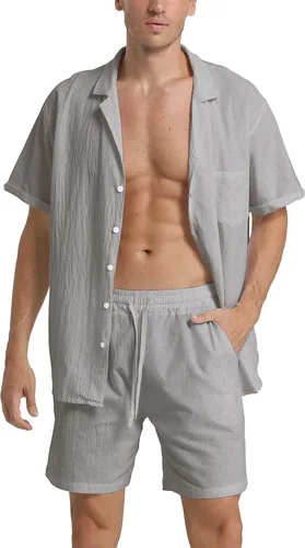 Vista 2 de RPOVIG Conjunto corto de camisa de lino conjunto casual de 2 piezas con botones para hombre