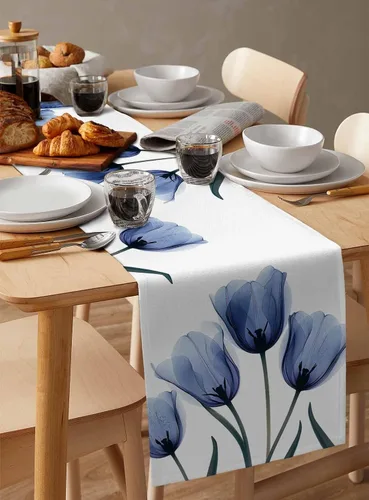 Vista 6 de Camino de mesa floral de tulipán azul, algodón y lino, pequeñas bufandas de 36 pulgadas, diseño rústico de flores para cocina, café, mesa