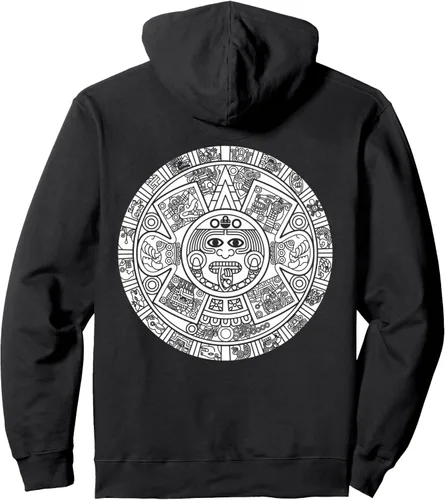 Vista 2 de Aztec Mexica Mayan Calendar - Sudadera con capucha mexicana con diseño de piedra del sol, Negro, S
