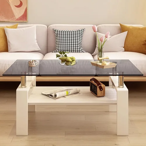 Vista 10 de Mesa de centro rectangular de vidrio para sala de estar, con mesa de vidrio templado y capa de MDF, para sala de estar y oficina