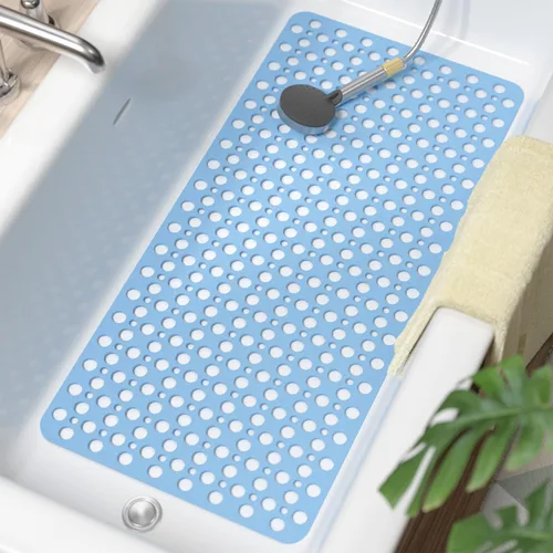 Vista 14 de HITSLAM Tapete antideslizante de elastómero termoplástico suave para bañera, drenaje eficiente con ventosas, fácil de limpiar, 28 x 15 pulgadas, Azul