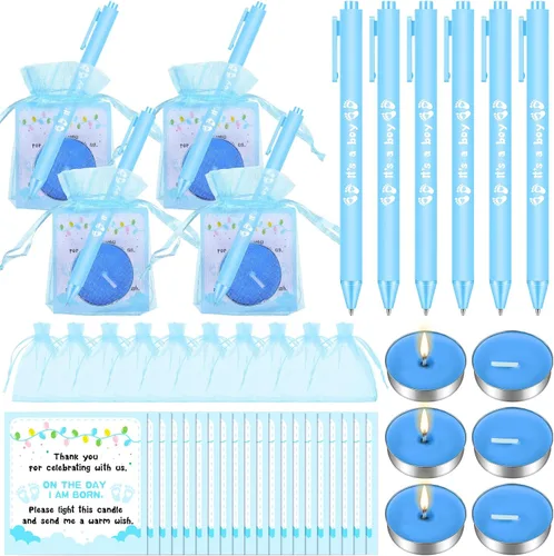 Vista 7 de Ctosree 50 Sets Baby Shower Favors for Guests Include 50 Pcs Tea Light Candle Bulk Thank Tag and Chiffon Bag with Drawstring Retractable Ballpoint