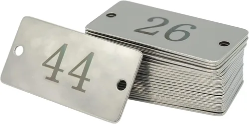 Vista 3 de Etiquetas numeradas rectangulares de acero inoxidable con dos agujeros de 1 pulgada x 2 pulgadas (26-50)