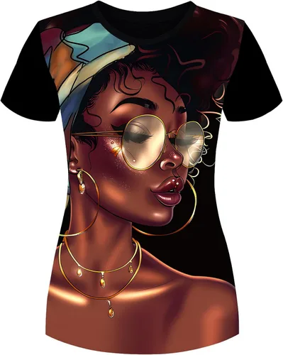Vista 11 de Camisa para mujer con estampa 3D de mujer negra, con afro, pelo natural, camisa informal Negro-10