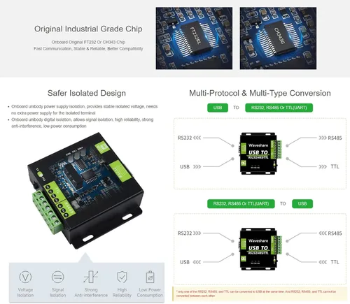 Vista 5 de Waveshare CH343G USB a RS232/485/TTL Interfaz Industrial Aislado Convertidor Protección Circuitos y Carcasa de Aleación de Aluminio para Equipos
