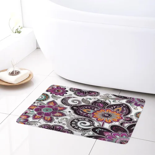 Vista 4 de LB Alfombra de baño de flores bohemias, alfombra de baño antideslizante con estampado floral bohemio morado y negro, espuma viscoelástica suave