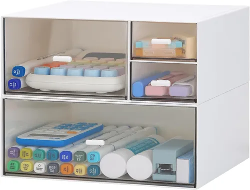 Vista 8 de LETURE Organizador de escritorio de oficina de papelería con 3 cajones, organizador de maquillaje de tocador, organizador de almacenamiento