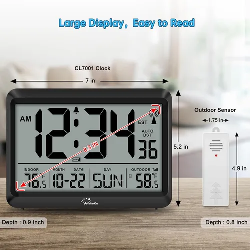 Vista 2 de WallarGe Reloj atómico con temperatura interior y exterior, reloj digital de 8.5 pulgadas, funciona con pilas, ajuste automático, 4 zonas horarias