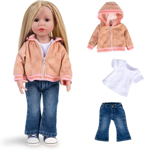 Vista 8 de Rakki Dolli Conjunto de ropa de muñeca de 3 piezas, abrigo marrón, jeans azules y camiseta blanca para muñeca de bebé (sin muñeca y zapatos)