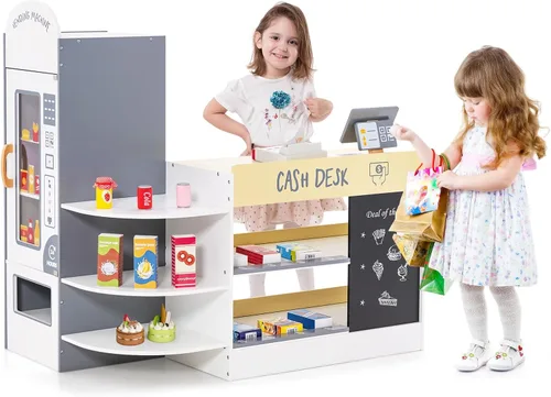 Vista 15 de Costzon Juego de simulación para tienda de comestibles, tienda de juegos de madera, juego de supermercado para niños pequeños con caja registradora