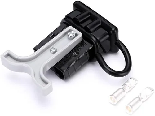 Vista 3 de Conector de cable de alimentación de batería de 2 vías, carcasa negra de 600 V 50 amperios, mango de barra en T gris y cubierta negra a prueba