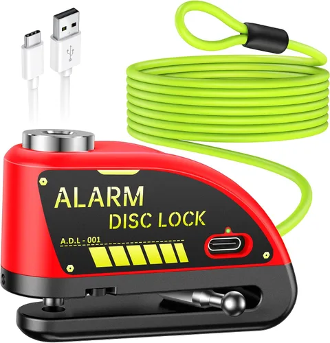 Vista 10 de Candado recargable Onvian para motocicleta con alarma de 120 dB y cable de recordatorio de acero de 1.8 m, para motocicletas, bicicletas, ebikes