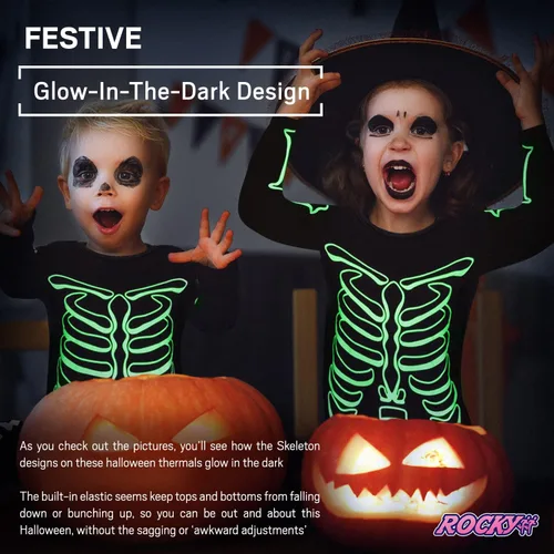 Vista 3 de Rocky Skeleton Thermal Underwear (Glow In The Dark) Halloween Girls, Boys, Mens, Womens Scary Warm Pajamas