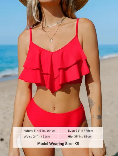 Vista 4 de CUPSHE Conjunto de bikini de dos piezas para mujer, traje de baño de cintura alta con volantes