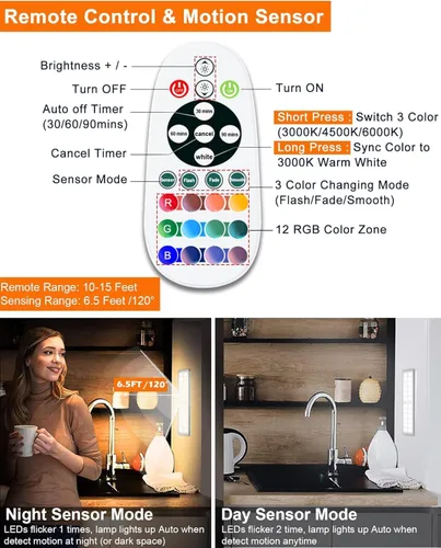 Vista 6 de Luces inalámbricas para debajo del gabinete, 58 luces LED recargables con sensor de movimiento con control remoto, luces RGB que cambian