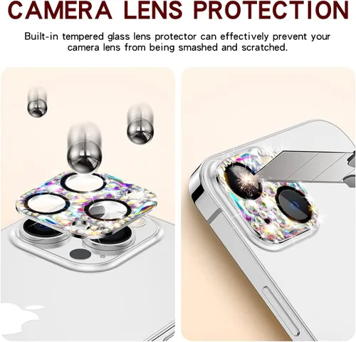Vista 5 de Protector de lente de cámara con diamantes brillantes para iPhone 13 y iPhone 13 mini, cubierta de cámara con gemas de metal con purpurina