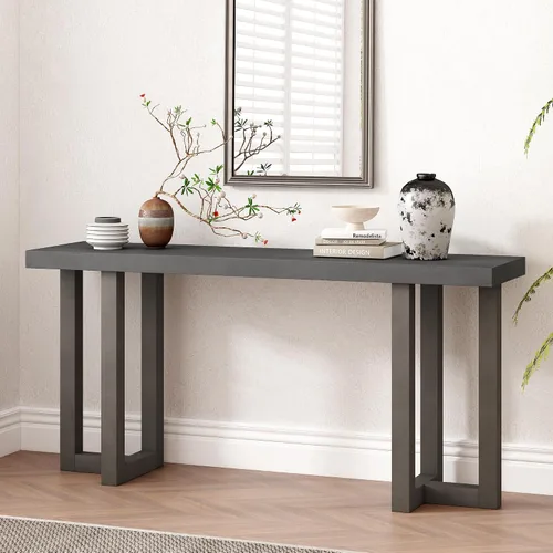 Vista 18 de Mesa de consola de madera de 152 cm con tapa de chapa de roble y patas curvadas delgadas de madera de goma, elegante mesa de sofá para sala
