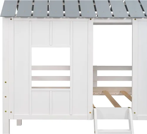Vista 4 de Harper & Bright Designs Cama tipo loft de casa tamaño individual, marco de cama baja de madera maciza con techo y ventanas, escalera para niños