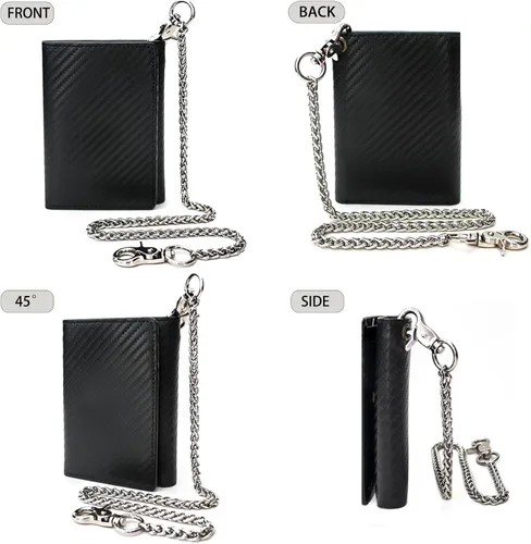 Vista 5 de boshiho Carteras de cuero auténtico con bloqueo RFID para hombre, billetera de doble pliegue con bolsillo para monedas con cremallera, con cadena