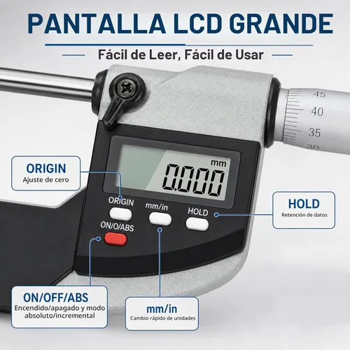 Vista 4 de Micrómetro digital con rango de medición de 0-1"/0-25mm, herramienta de medición de micrómetro electrónico, pulgadas/métrico