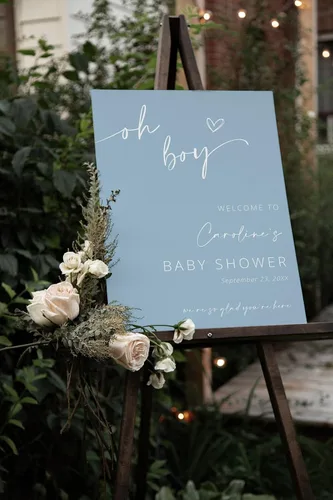 Vista 2 de Letrero de bienvenida de Oh Boy Baby Shower, azul, rectangular, moderno, 12 x 18 pulgadas, plástico, letrero de baby shower