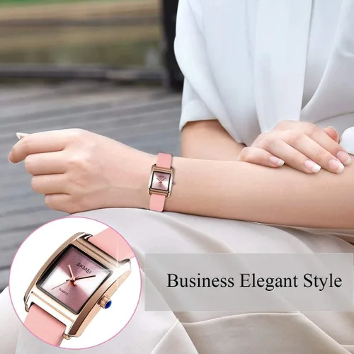 Vista 5 de Reloj de vestir para mujer, de negocios, casual, cuadrado, con correa de cuero roja, Rojo