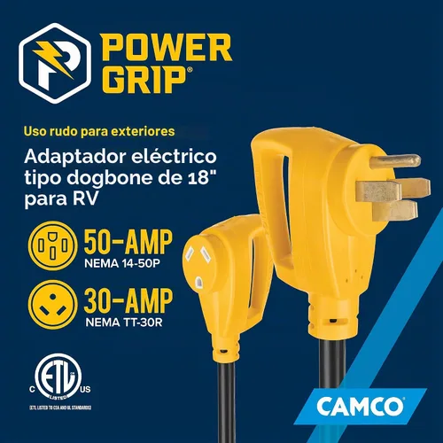 Vista 2 de Adaptador eléctrico Powergrip Dogbone 55175 de Camco, con mango, 18 pulgadas, color amarillo